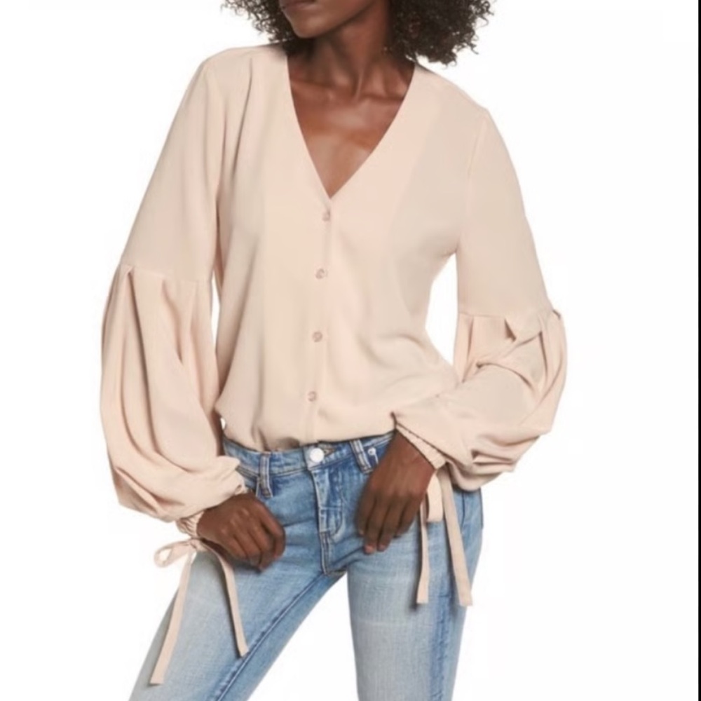 J.O.A. Beige Jersey V-Neck Button Up Tie Cuff Balloon Sleeve Blouse Size S